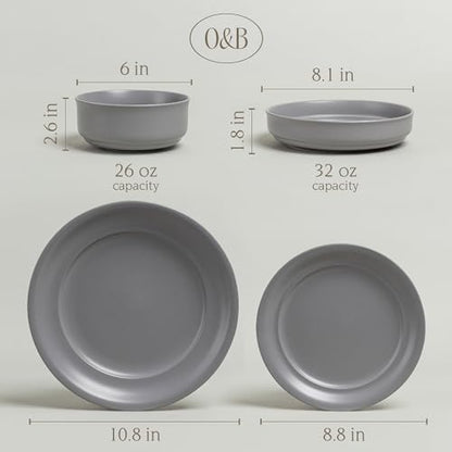 over&back Rim Dinnerware Set - Stoneware Dishes - Comes with 4 Dinner Plates, Salad Plates, Cereal Bowls, and Dinner Bowls - 16-Piece All-Occasion Place Settings - Serves Four - Semi-Matte Charcoal - color: Charcoal, size: Dinner Set | 16 Pieces
