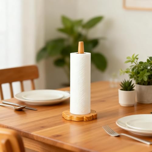 Wood Paper Towel Holder, Countertop Wooden Kitchen Towel Roll Stand with Flower Shape Anti Skid Base Rack Napkin Organizer for Kitchen Countertop Dining Table Cabinet(Wood Color) - color: Flower Shape Base