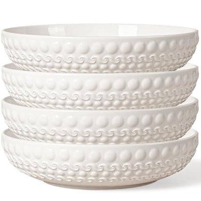 Pasta Bowls 32oz, Ceramic Large Salad Bowls 8 inch, White Embossed Soup Bowl Set of 4 for Entertaining, Serving, Dinner, Wide Shallow Microwave Dishwasher Oven Safe (Dot) - color: Dot