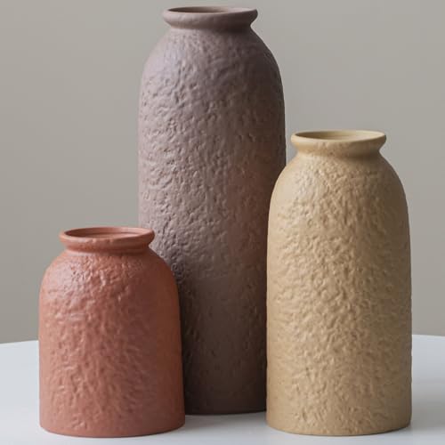 Large Decorative Ceramic Vase Set, 3 Pieces, Matte Taupe Orange Coral Beige, 10.4 Inch Tall, Nordic Modern Boho Style, Orange Peel Glaze Finish, Farmhouse Home Décor - color: XL Taupe Texture Mix