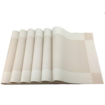 Vinyl Beige Placemats Heat Resistant Dining Table Mats Non-Slip Washable Place Mats Set of 6 （Beige） - color: Beige
