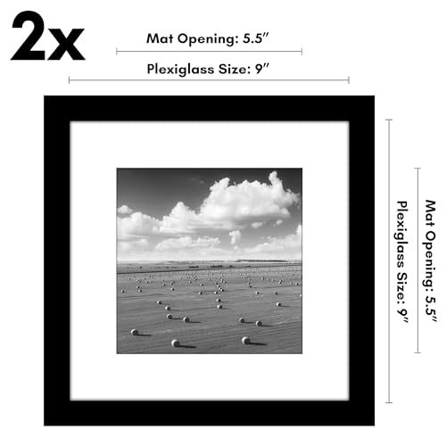 Americanflat 9x9 Picture Frame 2-Pack - Matted to 6x6 - Black | Slim Molding construction, Polished plexiglass front, wall or tabletop display with included easel, triangle hangers included - color: Black, size: 9x9