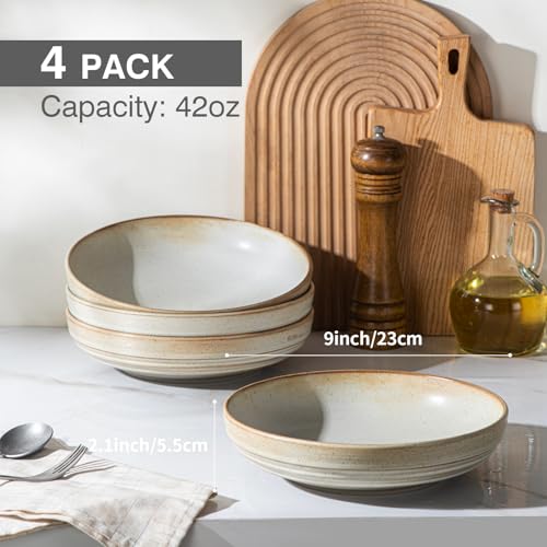 HAPPY KIT 9'' Pasta Bowls, 42oz, Stoneware Set of 4, Ivory | Large Salad Bowl, Ceramic Serving Bowls, Double Reactive Glaze, Ideal for Housewarming, Festivals, Microwave Safe - color: Ivory