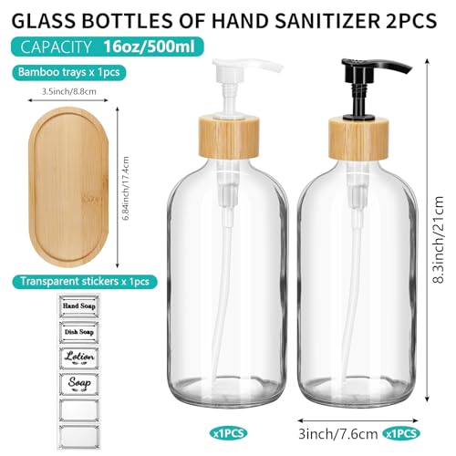 2 Pack 16 Oz Glass Soap Dispenser Set with Tray, Hand Dish Soap Dispenser Set for Bathroom and Kitchen Bottle Dispenser with Dish Soap, Hand Soap, Lotion (Clear) - color: Clear