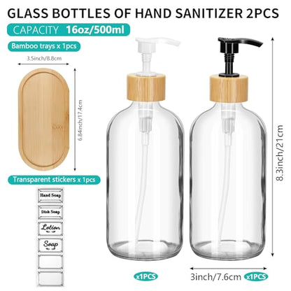 2 Pack 16 Oz Glass Soap Dispenser Set with Tray, Hand Dish Soap Dispenser Set for Bathroom and Kitchen Bottle Dispenser with Dish Soap, Hand Soap, Lotion (Clear) - color: Clear