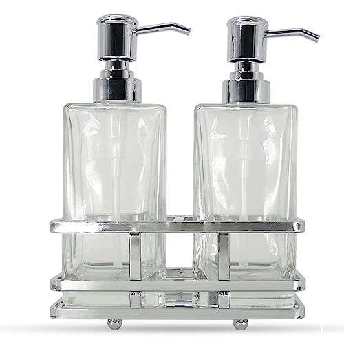 Square Glass Clear Lotion and Soap Pump Dispenser Set with Metal Stand Caddy for Bathroom Bath Kitchen Home Office Travel Hotel Hand Crafted Heavy Weight Chrome - color: Chrome