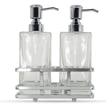 Square Glass Clear Lotion and Soap Pump Dispenser Set with Metal Stand Caddy for Bathroom Bath Kitchen Home Office Travel Hotel Hand Crafted Heavy Weight Chrome - color: Chrome