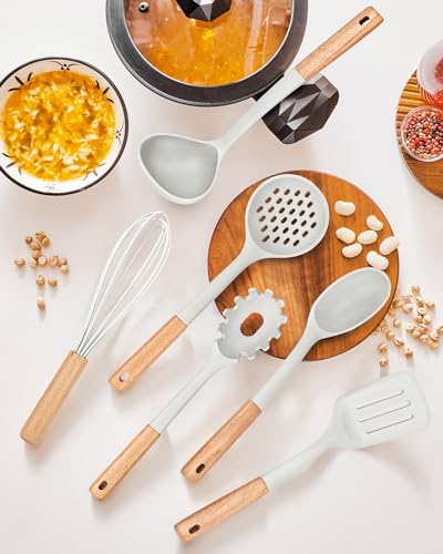 Kitchen Utensils Set, 13PCS Silicone Cooking Utensils, Heat Resistant Kitchen Utensil Spatula Set for Nonstick Cookware, Wooden Handles Kitchen Gadgets Tools Set - color: White