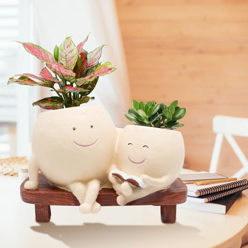 LAUGOKEBE Cute Smily Face Plant Pot for Indoor Outdoor with Drainage Hole | Unique Double Head Reading Book Planters, Funny Succulent Flower Pots, Plant Gifts for Mother's Day, Birthday, Christmas