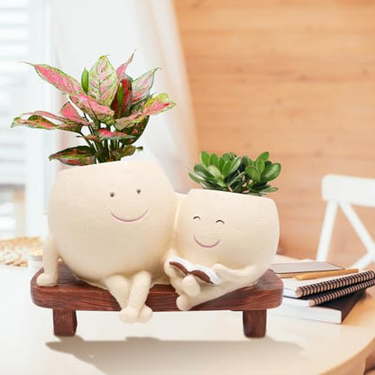 LAUGOKEBE Cute Smily Face Plant Pot for Indoor Outdoor with Drainage Hole | Unique Double Head Reading Book Planters, Funny Succulent Flower Pots, Plant Gifts for Mother's Day, Birthday, Christmas