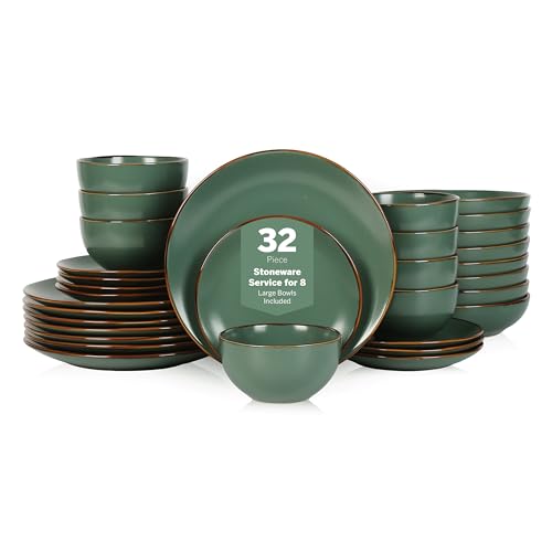 Stone Lain Brasa Stoneware 32 Piece Modern Dinnerware Sets, Plates and Bowls, Service for 8, Green, Microwave & Dishwasher Safe - color: Green, size: 32-Piece Service for 8