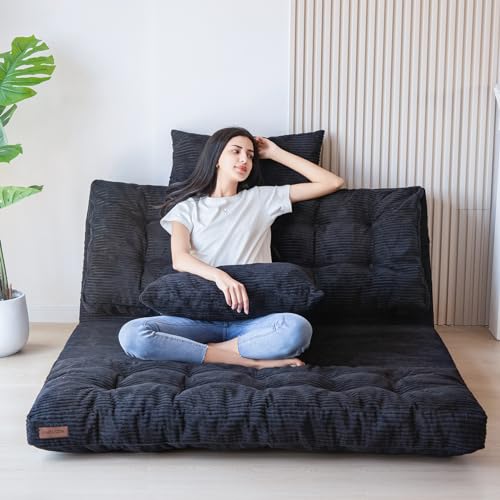 MAXYOYO Folding Sofa Bed, Convertible Chair Couch, Tufted Bean Bag Sofa | Extra Thick with Washable Cover, Chaise Lounge, Floor Bean Bag Couch Bed for Bedroom Living Room, Black, 39"x91" - color: Black, size: Tufted Twin