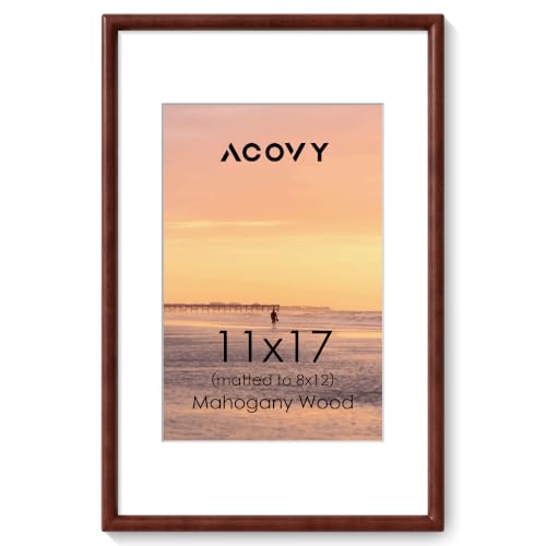 Acovy 11x17 Picture Frame, Natural Solid Mahogany Wood | Handcrafted Wooden Frame, Matted to 8x12, High Definition Tempered Glass, Wall Hook Included - color: Mahogany, size: 11"x17"