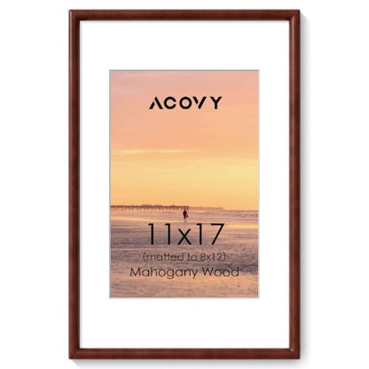 Acovy 11x17 Picture Frame, Natural Solid Mahogany Wood | Handcrafted Wooden Frame, Matted to 8x12, High Definition Tempered Glass, Wall Hook Included - color: Mahogany, size: 11"x17"