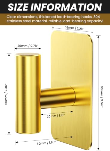 Heavy Duty Adhesive Hooks - 26lb Max, Sticky Wall Hooks Waterproof Stainless Steel for Hanging Towel, Coat, Robe, Towel Hooks Stick on Bathroom, Kitchen, Shower, Door (Gold, 4 Pack) - color: Gold-Cylinder4