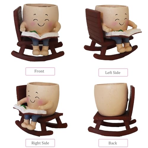 Dolkgy Cute Plant Pots Head Planters, Funny Rocking Chair Reading Book Planter Cactus Face Pot with Drainage Hole for Indoor Outdoor Plants, Unique Plant Lover Gifts - color: Khaki