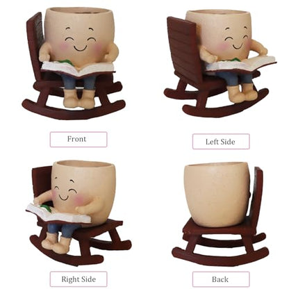 Dolkgy Cute Plant Pots Head Planters, Funny Rocking Chair Reading Book Planter Cactus Face Pot with Drainage Hole for Indoor Outdoor Plants, Unique Plant Lover Gifts - color: Khaki