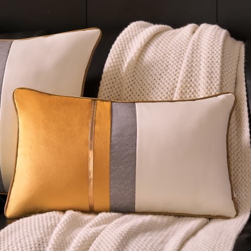 Avigers Lumbar Pillow Cover 12 x 20 Inch, Yellow，White, Rayon Blend | Insert not included; Art Deco patchwork accent for couch, sofa, bed and living room; removable for seasonal updates - color: Yellow，white, size: 20" x 12" (Pack of 1)