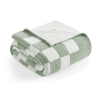 Snuggle Sac Checkered Bedding Blanket Twin Size 60x80, Super Soft Cozy Warm Knit Blankets, Reversible Breathable Lightweight Fluffy Throws for Sofa, Bed, Checkered Sage Green, 60x80 Inches - color: Checkered Sage Green, size: Twin(60"x 80")