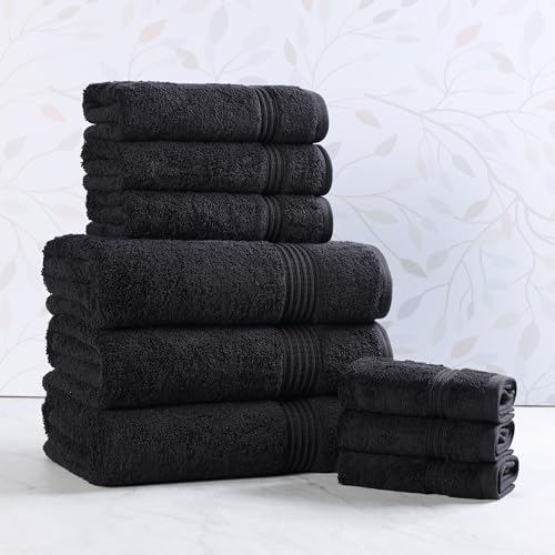 Superior Egyptian Cotton 9-Piece Towel Set, Assorted Towels for Home Bathroom, Guest Bath Decor Essentials, Includes 3 Bath, 3 Hand, 3 Face Towels/Washcloths, Quick Dry, Absorbent - Black - color: Black, size: 9 Piece Towel Set