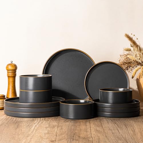 LERATIO Stoneware Dinnerware Sets for 4,12-Piece Matte Plates and Bowls Set | Handmade High Edge Rim Dish Set,Oven & Microwave,Dishwasher Safe,Scratch Resistant-Ashen Gold Rim - color: Ashen Gold Rim, size: Service for 4