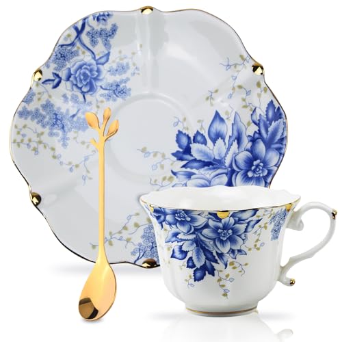 Country Roses Porcelain Tea Cup and Saucer Set with Gold Trim, Vintage Style, For Women and Tea Parties (1, Blue) - color: Blue