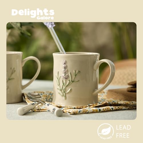 Artisanal Handcrafted Ceramic Mug with Sage Botanical Design - 10oz Off-White Stoneware Coffee Cup, Elegant Purple Sage Pattern, Dishwasher Safe, Comfort Grip Handle for Daily Use-4pack - color: Sage-4 Pack