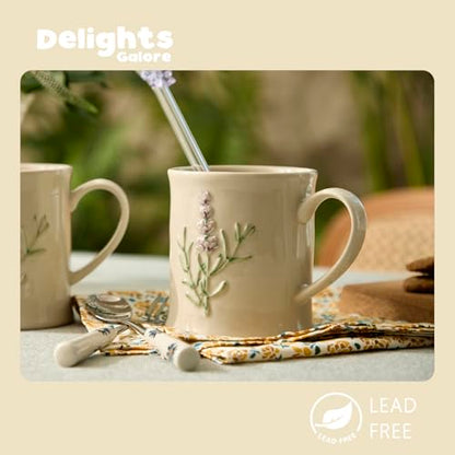 Artisanal Handcrafted Ceramic Mug with Sage Botanical Design - 10oz Off-White Stoneware Coffee Cup, Elegant Purple Sage Pattern, Dishwasher Safe, Comfort Grip Handle for Daily Use-4pack - color: Sage-4 Pack