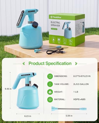 TaskStar Electric Spray Bottle 2L/0.5 Gallon, Battery Powered Garden Sprayer Up to 7.5 Hours Long Battery Life with Fast Charging, Automatic Mister Spray Bottle for Plant with Independent Water Inlet
