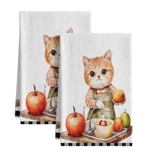 Cat Chef Kitchen Towels Set of 2 Fun Cat Pattern Dishcloths for Mom, Housewarming Happy Cat Hand Towels, Cute Home Decor Cat Dish Towels, Machine Washable, Kitchen Decor Home Decorations - color: Cat Chef