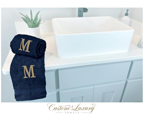 Blue Hand Towels for Bathroom with Monogram | Luxury Cotton Turkish Towels | Embroidered in USA | Set of 2 | Choose Set Color and Letter | A - Z | Modern Font - color: Blue