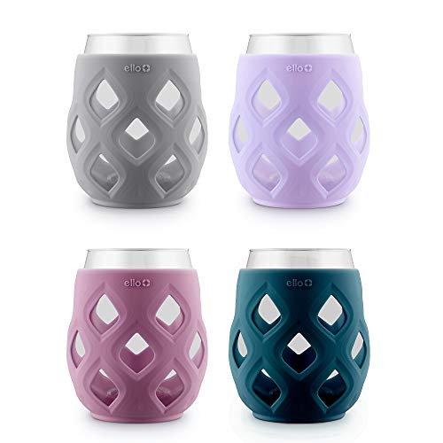Ello Cru 17oz Stemless Wine Glass Set with Protective Silicone Sleeves, 4 Pack Cocktail Glass Perfect for Summer Patios and Parties Holiday Gifting Her Him Mother's Day, Dishwasher Safe, Cosmos - color: Cosmos, size: 4 count