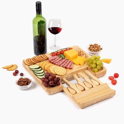 Bamboo Cheese Board with Knife Set – 13.5" x 11.5" Large Charcuterie Board with Hidden Utensil Drawer, Serving Platter for Wine & Appetizers