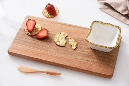 Pampa Bay Acacia Charcuterie Board with Porcelain White & Gold Dipping Bowl and Wood Spreader - color: White and Gold