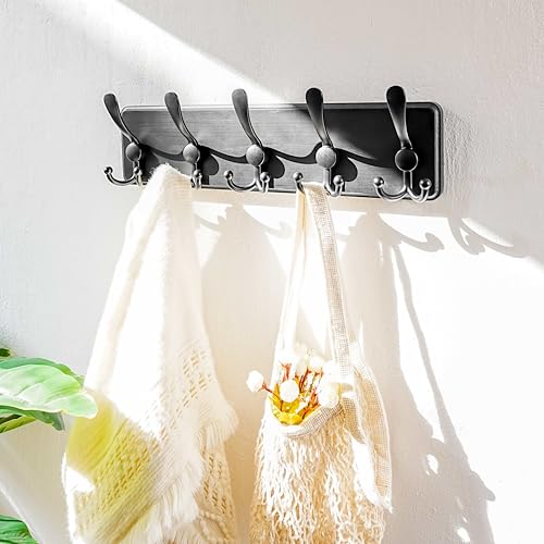 Coat Rack Wall Mounted - 5 Tri Hooks, Heavy Duty, Wooden Wall Coat Hanger Coat Hook for Clothes Hat Jacket Clothing, Black - color: Black, size: L=17.4"