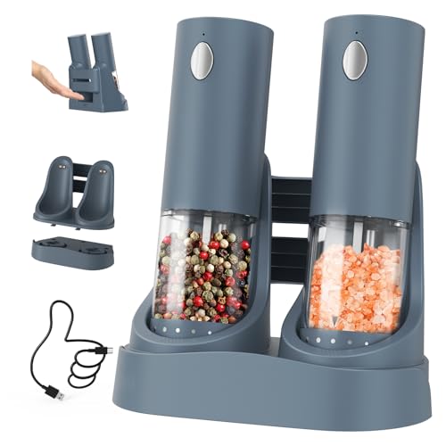 CIRCLE JOY Electric Salt and Pepper Grinder Set Automatic Salt and Pepper Grinder Set with Easy-to-Carry Charging Base and LED Light, Adjustable Coarseness, USB Rechargeable, Washable Container, Blue - color: Blue