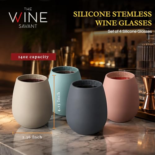 Unbreakable Silicone Stemless Wine Glassware | Set of 4 | Reusable & Shatterproof Tumbler Drinkware for Wine, Water, Cocktails, Champagne Glass for Parties, Beaches, Boats (Pink, Black, Blue, Tan) - color: Multicolor