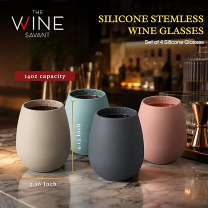 Unbreakable Silicone Stemless Wine Glassware | Set of 4 | Reusable & Shatterproof Tumbler Drinkware for Wine, Water, Cocktails, Champagne Glass for Parties, Beaches, Boats (Pink, Black, Blue, Tan) - color: Multicolor