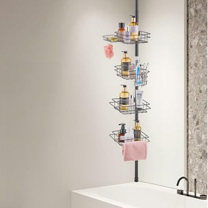 VEVOR Corner Shower Caddy Tension Pole, 4 Tier Adjustable Rustproof Organizer Shelves for Bathroom & Washroom, 42-114inch High, Black