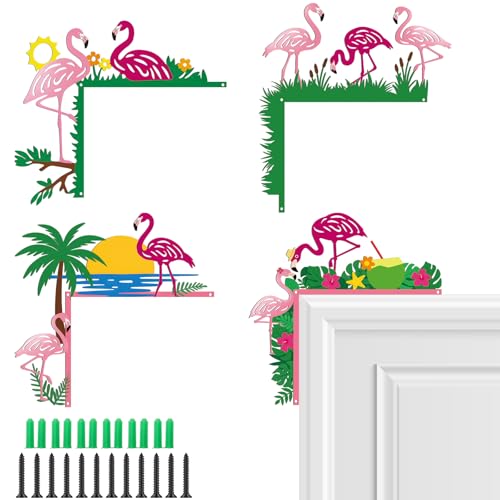 4 Pcs Door Frame Decoration Set Metal, Wall Art Decor Corner Sign Bathroom Decor for Indoor Outdoor Door Window Home Office (Flamingos,Multicolor) - color: Multicolor, style: Flamingos