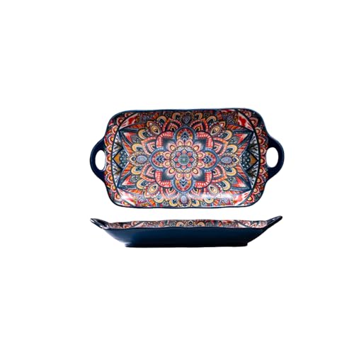Serving Tray with Handles Rectangular Serving Platter Ceramic Extra Large Plates & Dishes Rectangle (Blue Garden) - color: Blue Garden