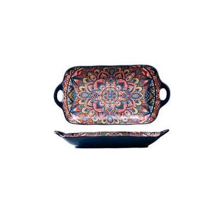 Serving Tray with Handles Rectangular Serving Platter Ceramic Extra Large Plates & Dishes Rectangle (Blue Garden) - color: Blue Garden