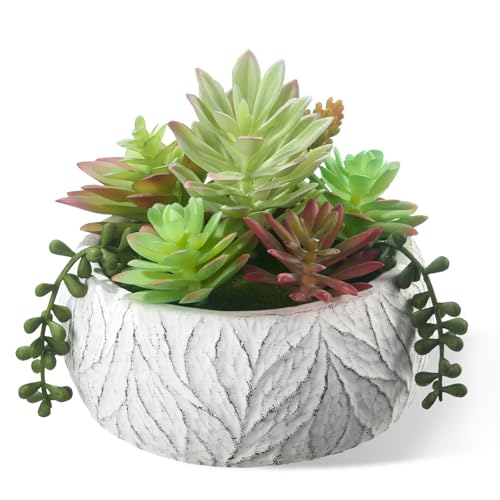 6 Inch Artificial Succulent Plants in White Ceramic Pot | Realistic Fake Succulent for Home Office Desk Bathroom Decor Coffee Table Decor - color: White, size: 6inch
