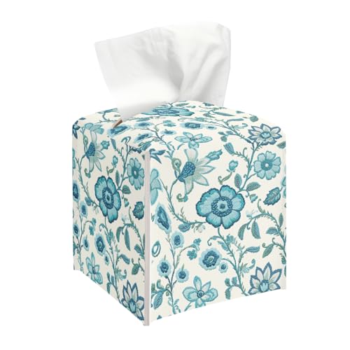 Vintage Floral Tissue Box Cover, Blue Flowers Tissue Holder Square - color: Floral-1
