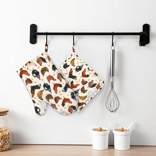 Rooster Hen Oven Mitts and Pot Holders Sets Silicone Rustic Domestic Animal Chicken Kitchen Mitts Potholders Heat Resistant 4Pcs Oven Gloves Hot Pads for Kitchen Baking Cooking BBQ Grilling - color: Rooster Hen