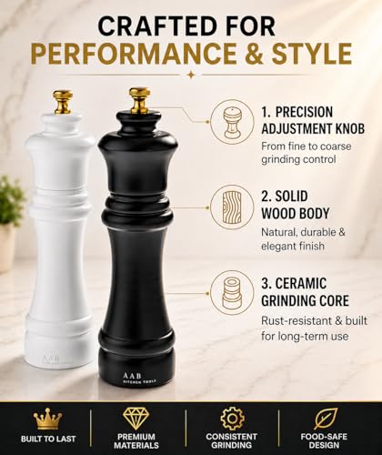 Wooden Black and White Manual Refillable Large Salt and Pepper Grinder Set, Shaker with Adjustable Ceramic Grinding Mechanism for Customized Coarseness, 8 Inches, Pack of 2
