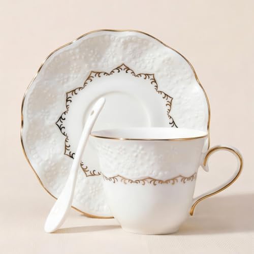 Tea Cup and Saucer Set for 1, Ceramic, White, 6.8 Oz | Coffee Cup with Saucer and Spoon, Elegant Design, 3D relief patterns, Gold Trim, Protective Packaging, Ideal for Gift - color: Elegant