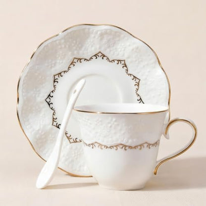 Tea Cup and Saucer Set for 1, Ceramic, White, 6.8 Oz | Coffee Cup with Saucer and Spoon, Elegant Design, 3D relief patterns, Gold Trim, Protective Packaging, Ideal for Gift - color: Elegant