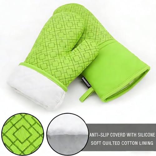Oven Mitts and Pot Holders Sets 6pcs, Kitchen Oven Glove,High Heat Resistant 550 Degree Extra Long Oven Mitts and Potholders with Non-Slip Silicone Surface for Home Essentials (Grey) (Meadow Green) - color: Meadow Green