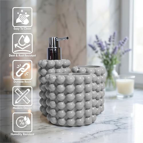 Better Trends Bathroom Accessories Set 3 Pieces Resin Bubble Textured Soap Dispenser, Toothbrush Holder & Tumbler for Vanity, Kitchen Sink & Countertop Organization Gray Nova Collection - color: Gray